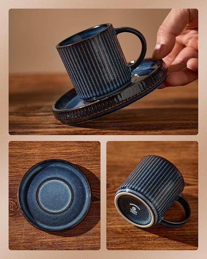 famiware Star Espresso Cups and Saucers Set of 4, [ Mini ] 3 oz Ceramic Small Coffee Mug with Handle, Ribbed Stoneware Demitasse Cup for Tea, Latte - Microwave & Dishwasher Safe - Nebulas Blue