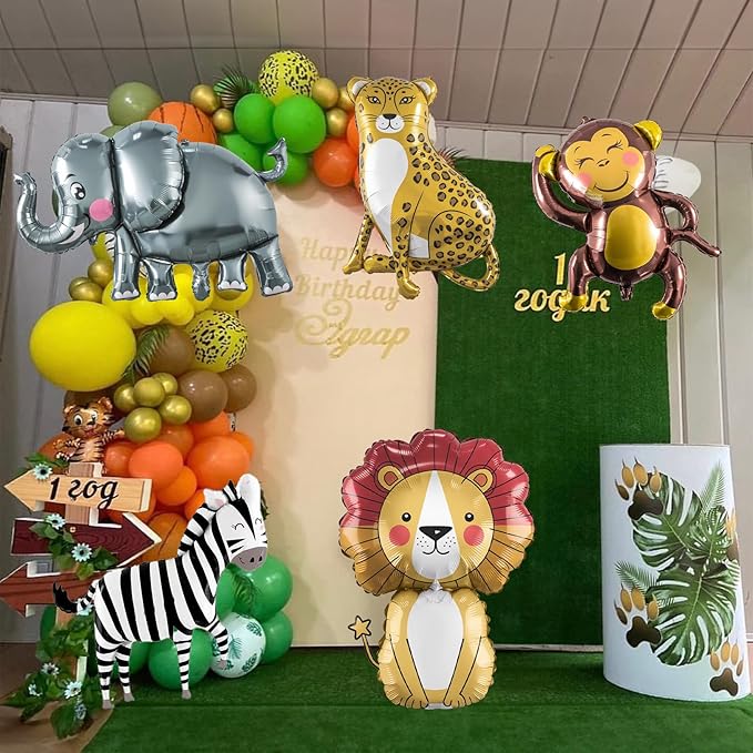 Jungle Safari Animals Balloons, Jungle Safari Theme Birthday Party Decorations, Lions Zebra Elephant Monkey Leopard Foil Balloons for Kids Boys Wild One Zoo Birthday Baby Shower Party Decor Supplies