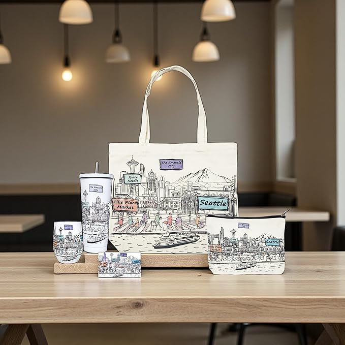 Cities Around the World Artwork Cosmetic Bag Series – Designed in USA, Travel Makeup Bag with Zipper, Souvenir Gift for Women, Artwork Organizer for Purse or Toiletry (Seattle)