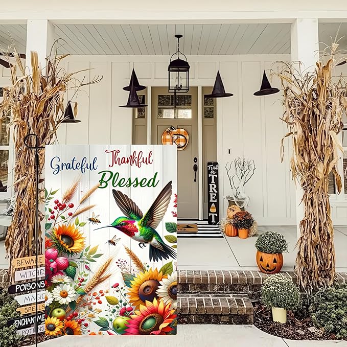 BlissYard Grateful Thankful Blessed Garden Flag 12x18 Inch Double Sided Yard Flag with Hummingbird and Sunflower Design for Spring Summer Outdoor Farmhouse Lawn Porch Decoration