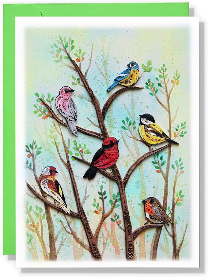 Green Tree and Summer Card, Quilling Card, Birds and Season Themed, Watercolor Classy Cards for Mom, Women, Wife, Daughter (Birds - Summer Garden)