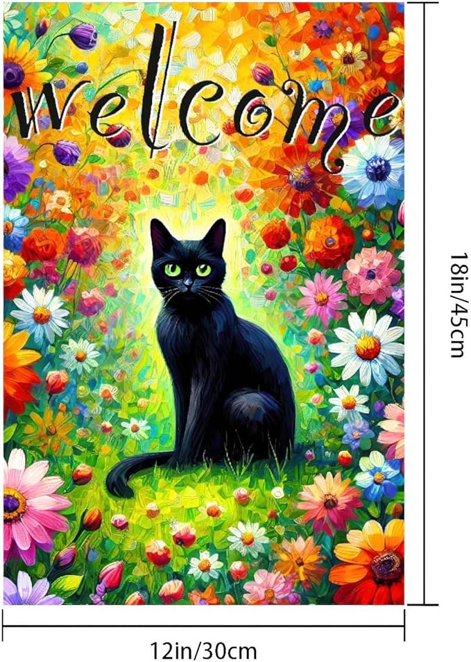 BlissYard Welcome Spring Cat Garden Flag Double Sided 12x18 Inch Black Cats Garden Flags Funny Floral Tulip Cat Flag Vertical Farmhouse Welcome Spring Seasonal Outdoor Porch Decor