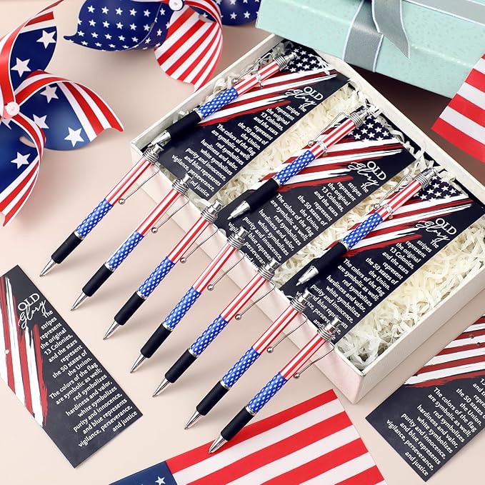 10 Sets American Flag Ballpoint Pens Bulk USA Patriotic Themed Black Ink Retractable Pen Stars Stripes Bookmarks Stationery Easter Party Gifts for Home Office Army Veterans Souvenirs