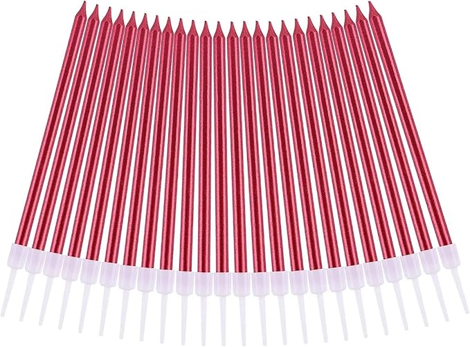 by Tugba Aydan - Red Birthday Candles - 24 Count Long Thin Red Birthday Candles for Cake, Metallic Cake Candle for Birthday, Party Candles