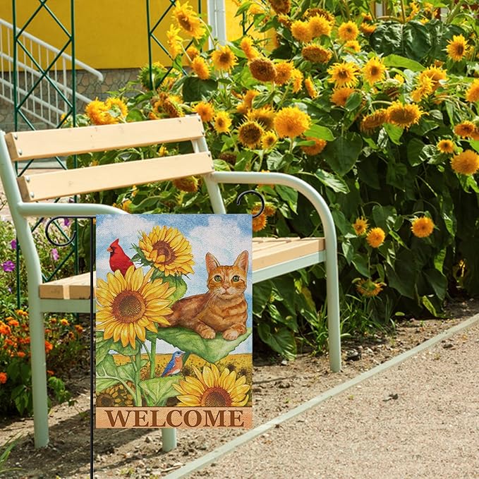 Furiaz Cat Cardinal Sunflower Welcome Spring Summer Decorative Small Garden Flag, Yard Orange Kitty Tabby Red Bird Outside Decoration, Fall Autumn Outdoor Burlap Decor Double Sided 12 x 18
