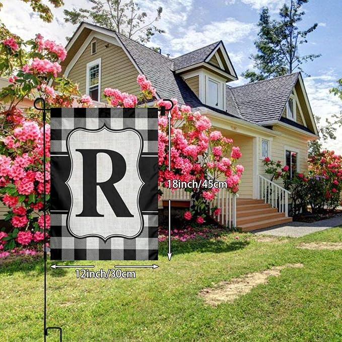 YANGHOME Monogram Initial R Burlap Garden Porch Lawn Flag Farmhouse Decorations Mailbox Decor Welcome Sign 12x18 Inch Small Mini Size Double Sided Flax Nylon Linen Fabric