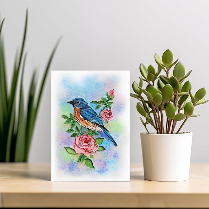 Mother's Day Card, Pastel Rose and Bird Quilling Card, June Birth Month Flower Card, Cute Animals Card, Quilled Birthday Greeting Card for Mom, Grandma, Daughter (Pastel Rose and Bird)