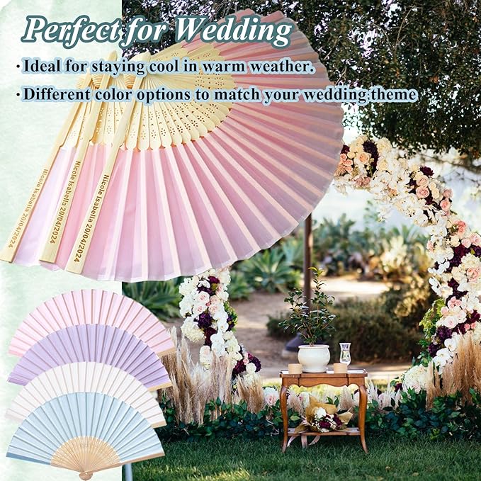 90 Pcs Personalized Pink Wedding Folding Fans for Guests, Custom Engraved Summer Wedding Fans, Folded Hand Fans for Wedding Favors, Vintage Silk Handheld Fans for Bridal Shower Decorations