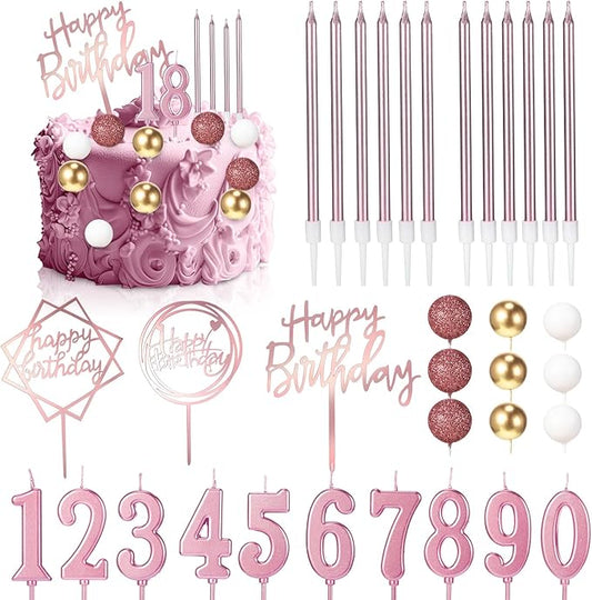 Yerliker 34 Pcs Happy Birthday Cake Toppers Decorations Birthday Candles DIY Cake Decor for Men Women Wedding Anniversary(Dusty Pink)
