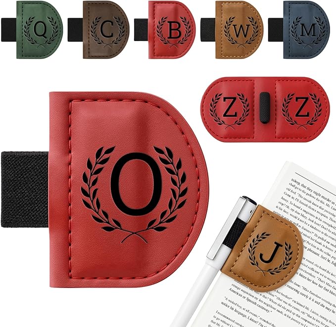 Personalized Bygone Mark Bookmark with Pen Holder,Engraving Leather Magnetic Bookmarks Vintage 26 Letters Name Initials Text Book Marker Clips Gifts for Reading Book Lovers Women (Red, O)