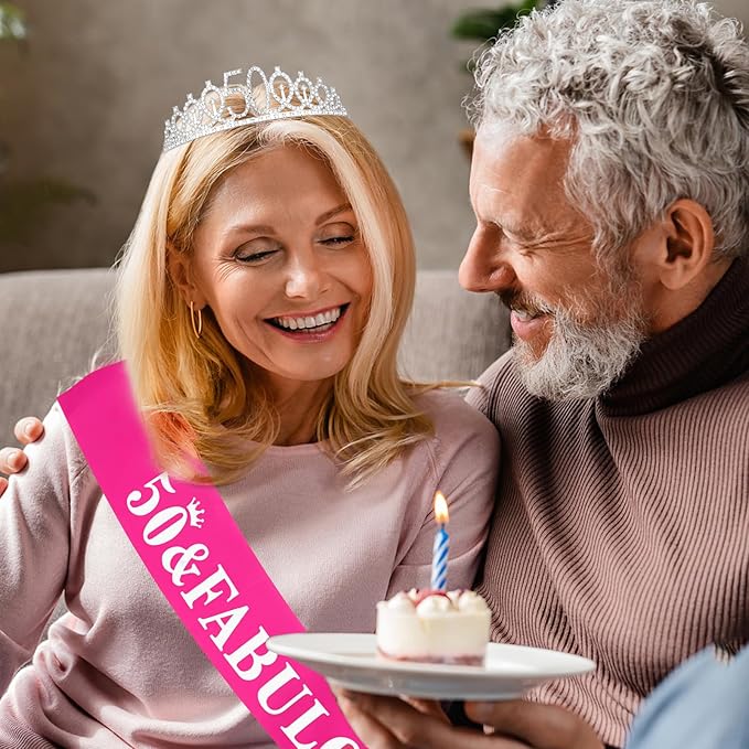 Casoty 50th Birthday Sash and Tiara, 50th Birthday Decorations for Women, 50 & FABULOUS Sash and Crown Set, Party Supplies Favors for Women, Gifts for Her