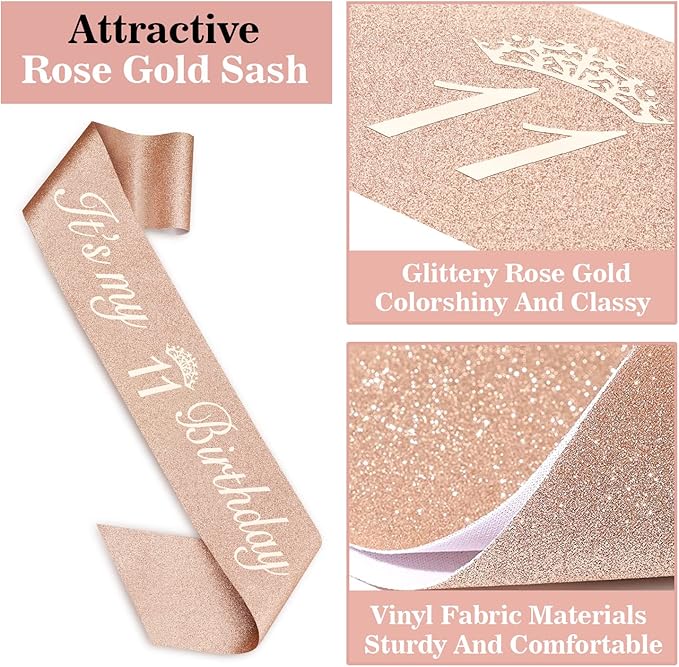 11th Birthday Decorations for Girl with Sash and Tiara, Numeral Candle and Cake Topper, 11 Year Old Birthday Decorations Gifts, Rose Gold Party Favor Supplies