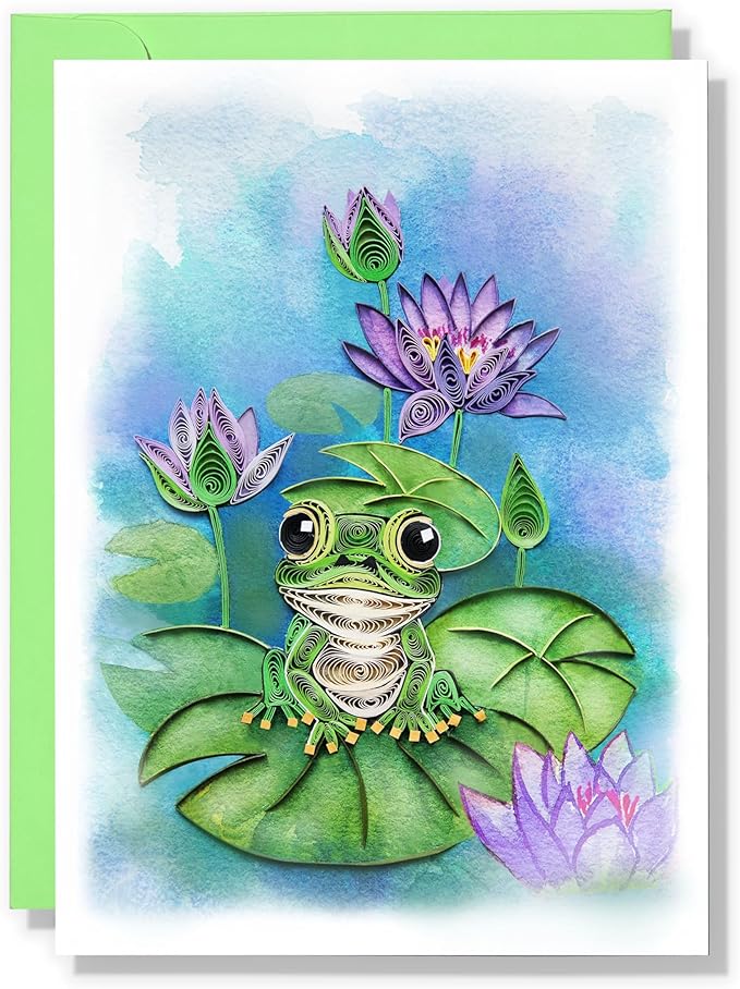 Mother's Day Card, Water Lily and Frog Card, Animals Quilled Quilling Birth Month Flower, Birthday, Get Well, Mothers Day, Greeting Card for Mom Grandma daughter (Water Lily and Frog)