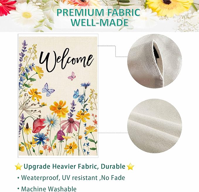 Baccessor Spring Summer Welcome Garden Flag Floral Leaves Double Sided Yard Flag Heavy Duty Seasonal Flowers Butterfly Outdoor Outside Patio Decoration 12.5x18 Inch