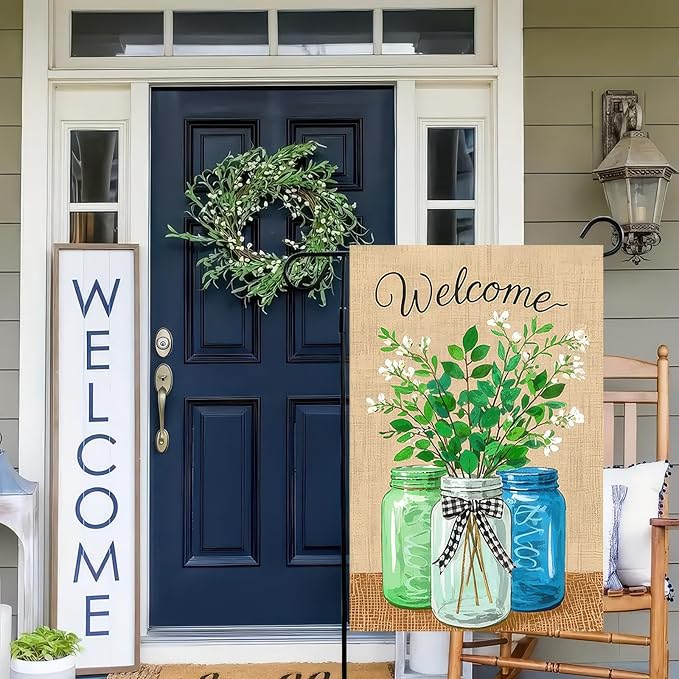 BlissYard Welcome Spring Garden Flag 12x18 Double Sided Mason Jars Floral Seasonal Small Flags For Outside Outdoor Decor Yard Farmhouse Holiday Spring Summer Decorations Yard Flags