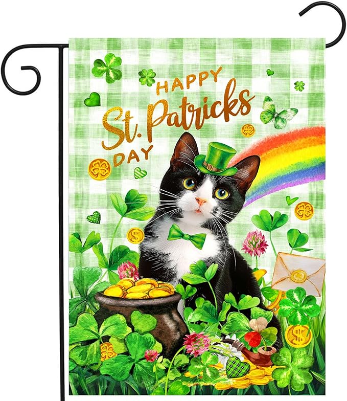 Tuxedo Cat St Patricks Day Garden Flag Cat St Patrick's Day Yard Flags for Outside 12x18 Double Sided Buffalo Plaid Shamrock Flag Small Outdoor Rainbow St Patrick's Decor