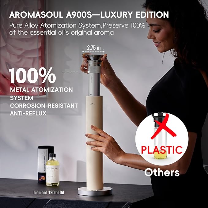 Waterless Scent Diffuser Starter Kit - Alloy Atomization System, Smart Rechargeable Hotel Scent Diffuser, 1500 Sq Ft Coverage, Including 120ml Essential Oil, for Home, Large Room, Spa, Cream