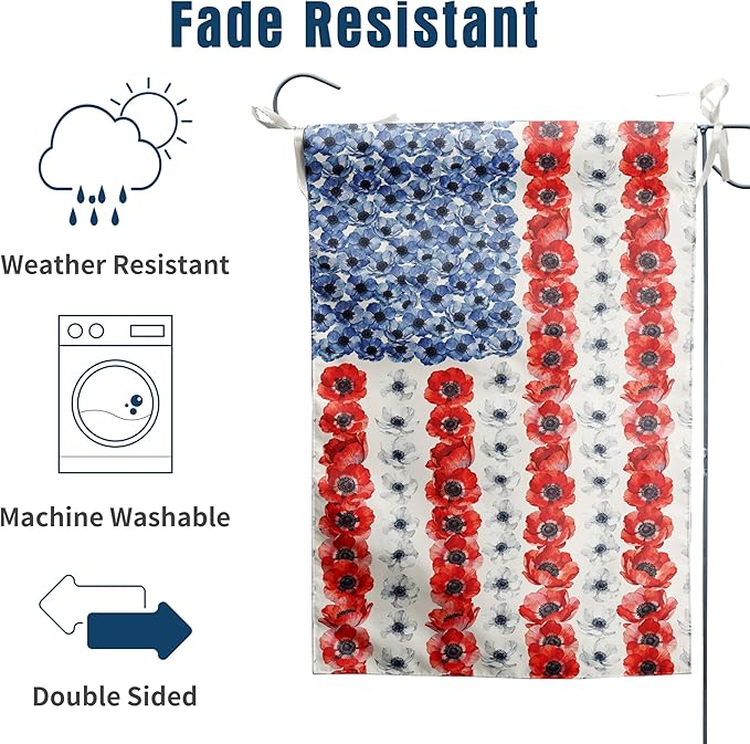 Patriotic Flower American Garden Flag Spring Summer Yard Decor 4th of July Memorial Independence Day Decorations Red White Blue Poppy Banner for Outside 12x18 Double Sided