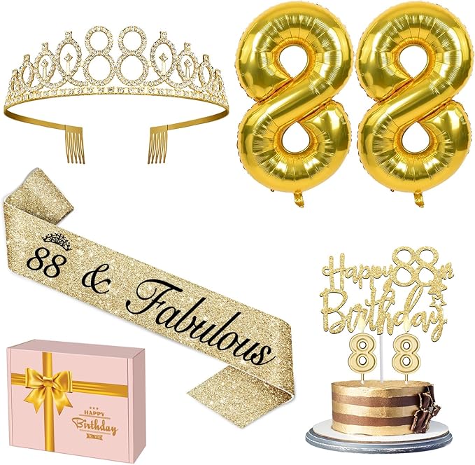 88th Birthday Decorations for Women Gold with 88th Birthday Sash and Tiara, Cake Topper and Candles, Number Balloons, 88 Year Old Gifts for Women