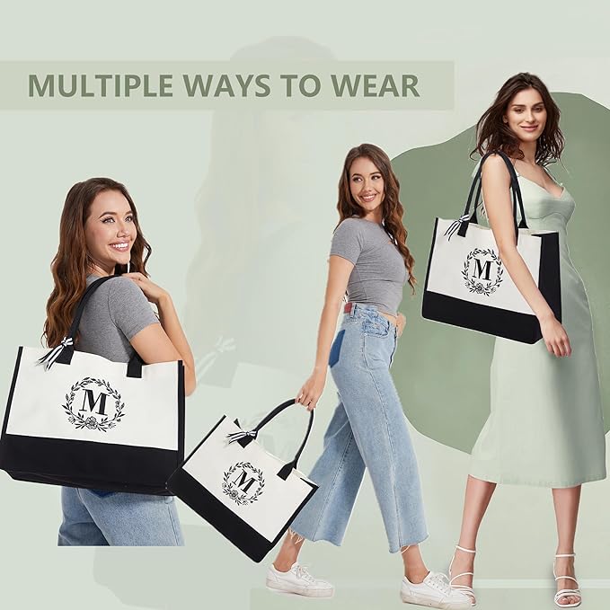 BeeGreen Embroidery Monogram Initial Tote Bag for Women Teacher Mom Friend Personalized Gift for Birthday Beach Wedding Work