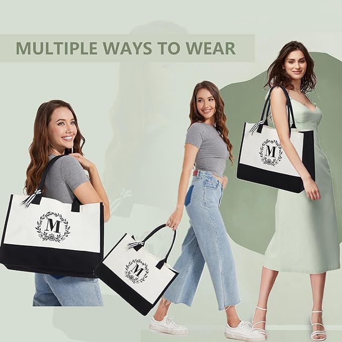 BeeGreen Embroidery Monogram Initial Tote Bag for Women Teacher Mom Friend Personalized Gift for Birthday Beach Wedding Work