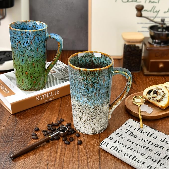 20oz Porcelain Coffee Mugs Set of 2, Large Tall Coffee Mugs with Handles, Modern Ceramic Coffee Cups for Tea, Cocoa, Milk, Gifts for Women Men - White & Blue