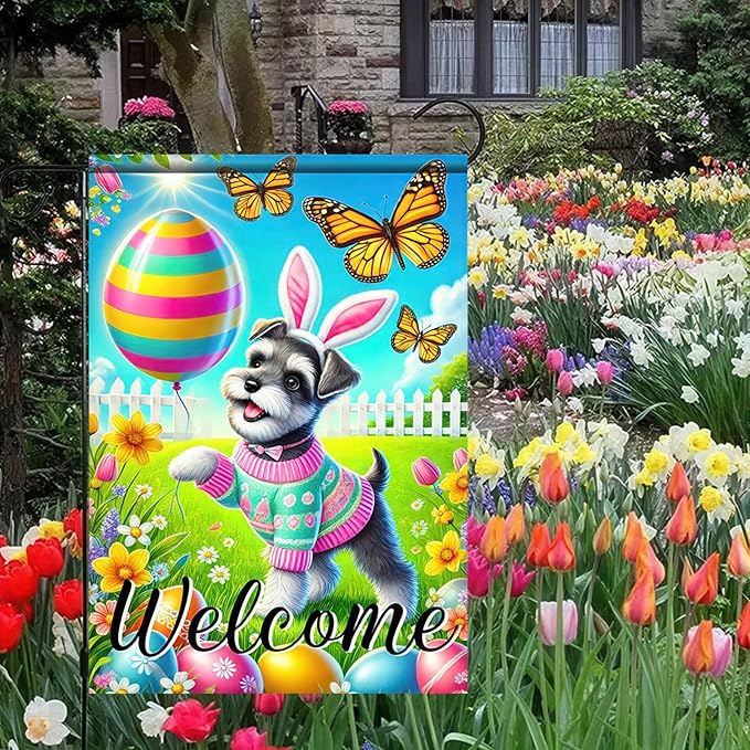 Blissyard Spring Summer Garden Flag Flower Dog Garden Flags For Outside Welcome Flags 12x18 Double Sided Yard Outdoor Decorative Egg Butterfly Garden Flag