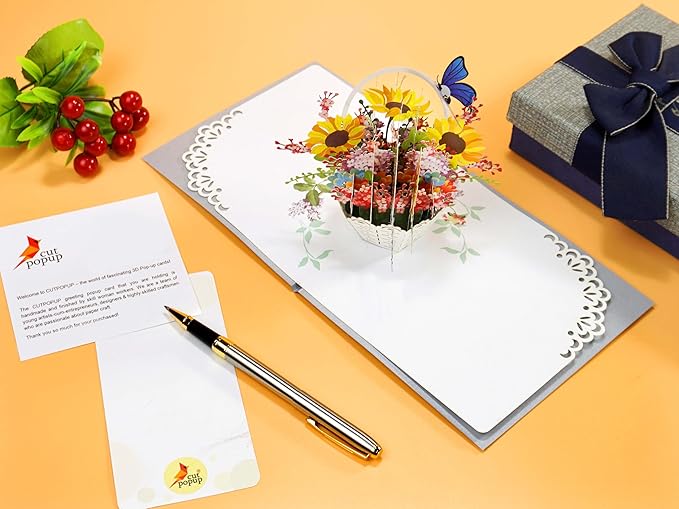 CUTPOPUP Birthday Card Pop Up, Mother's Day, 3D Flower Greeting, Birthday Card for Women, Wife, Grandma (Sunflowers Basket)