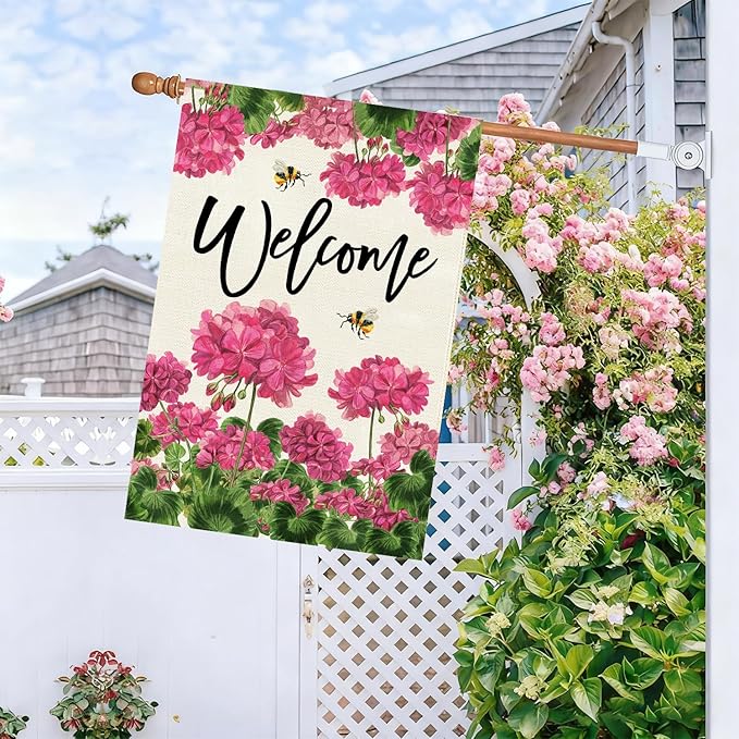 Baccessor Spring Summer Geranium Welcome House Flag Double Sided Burlap,Pink Floral Bee Large Garden Flag Seasonal Farmhouse Front Entry Yard Porch Patio Outside Outdoor Decor 28x40 Inch