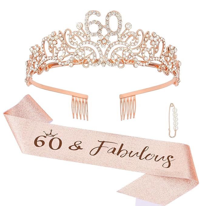 Semato Rose Gold 60th Birthday Tiara and Sash Glitter Kit for Women - Glamorous Celebratory Birthday Crown and Sash - Rhinestone, Alloy, Party Supply Packs