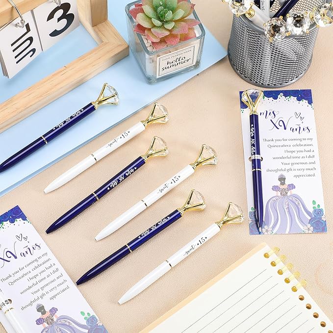 25 Set Quinceanera Party Favors for Guest Sweet 15 Diamond Pens Bulk Mis XV Años Fancy Ballpoint Pen with Thank You Cards and Ties 15th Birthday Thank You Gifts(White, Dark Blue)