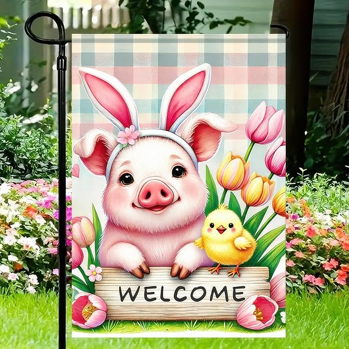 BlissYard Easter Pig Garden Flag 12x18 Inch Double Sided Yard Banner with Bunny Ears and Chick Design Spring Tulip Flower Farmhouse Outdoor Lawn Patio Decoration