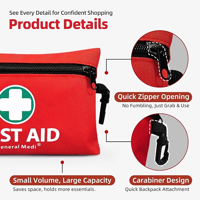 General Medi Mini First Aid Kit, 110 Piece Small First Aid Kit - Includes Emergency Foil Blanket, Scissors for Travel, Home, Office, Vehicle, Camping, Workplace & Outdoor (Red)