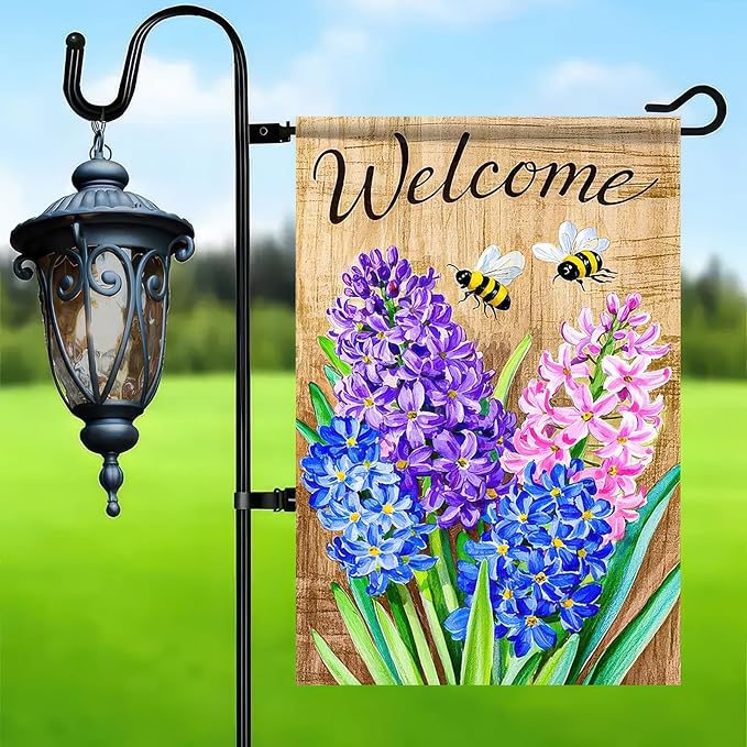 BlissYard Welcome Garden Flag 12x18 Inches Double Sided Small Flags with Hyacinths and Bees Design for Spring Summer Garden Flags Decoration Outside Outdoor Holiday Seasonal Decor Yard Flags