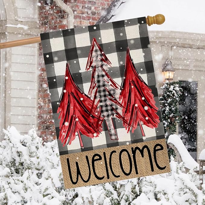 Welcome Christmas Red Trees Garden Flag 28 x 40 Inch Vertical Double Sided Buffalo Plaid Red Holiday Yard Outside Xmas Décor