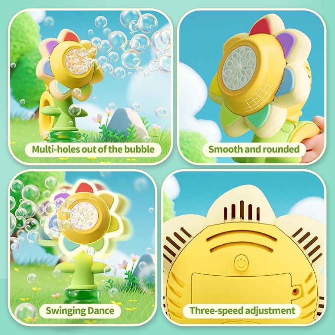 Rechargeable Flower Bubble Guns for Kids W/LED Lights & 10 Refill Solutions, Fun Swing Dance Bubble Maker Machine Blower Blaster Toys,Outdoor Summer Play, Easter, Birthday Party Favors & Gifts Yellow