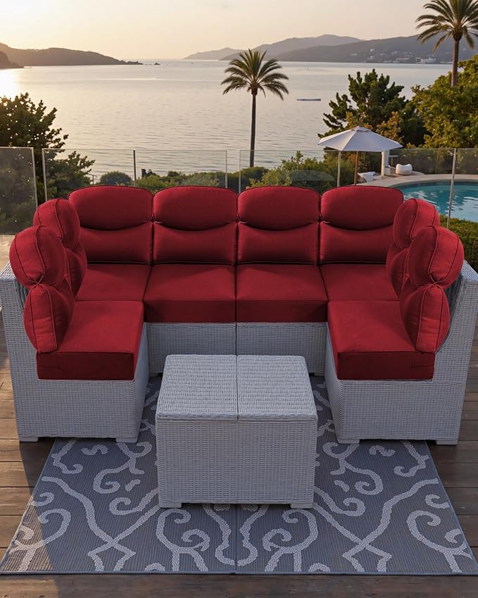 Luxury 24x24x6 Outdoor Chair Cushions Set of 4 - Water-Repellent 10-Piece Cushion Set for Outside Rattan Wicker Loveseat Chair Sectional L-Shape Sofa Patio Conversation Sets - Red/Smile