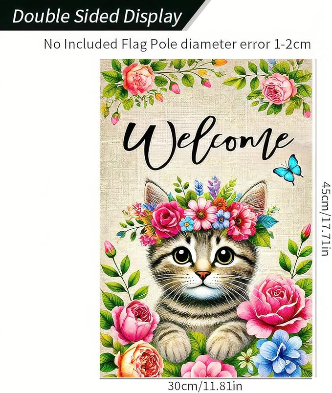 Spring Summer Garden Flag 12x18 Double Sided Floral Crown Cat Garden Flag for Outside Small Burlap Welcome Yard Flag Farmhouse Outdoor Decorative Flag