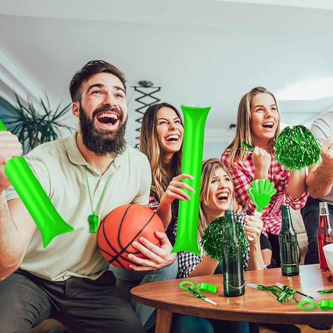 Yunsailing 96 Pcs Homecoming Noisemakers Team Spirit Accessories for Game Day Include Hand Clappers Cheerleading Pom Pom Thunder Stick Cheer Party Blower Plastic Whistle for Sport Fans(Green)