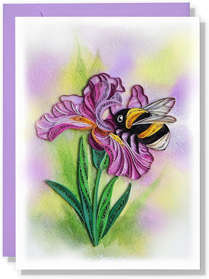 Mother's Day Card, Iris and Bumblebee Greeting Card, Animals Floral Card, Quilled Quilling Card for February Birthday, Get Well, Mothers Day, for Friend, Boss, Mom, Dad (Iris and Bumblebee)