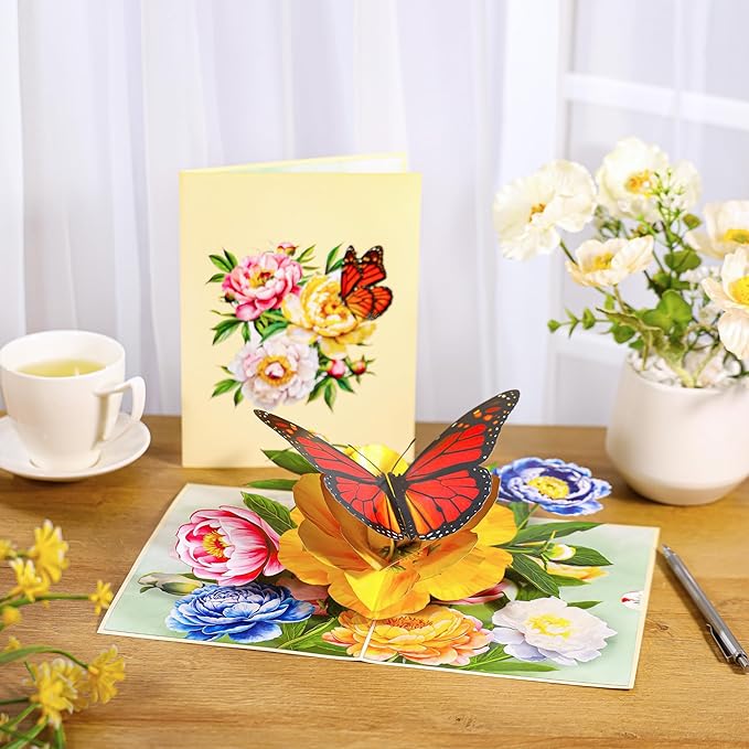 Pop Up Flower Card, Greeting Card, Butterfly and Pink Peony Flower 3D Pop Up Card 6"x 8", Mother's Day Pop Up, Anniversary, Birthday, Valentine's Day Card, Wife, Grandma