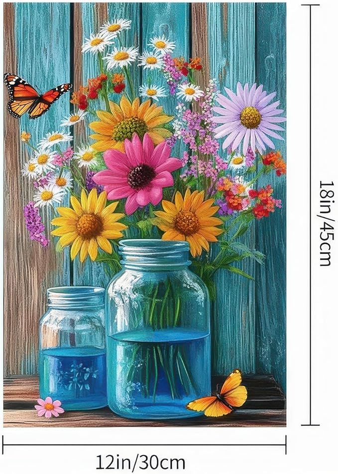 BlissYard Welcome Spring Garden Flag Double Sided 12x18 Inch Spring Summer Garden Flags Wildflowers In Mason jars Spring Garden Flag Seasonal Rustic Yard Lawn Holiday Outdoor Decor Banner
