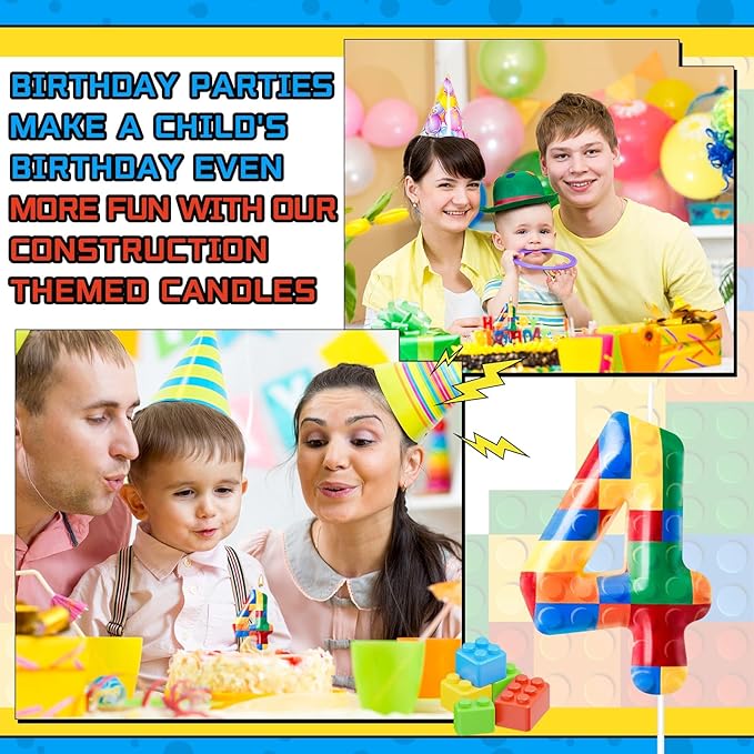 Building Block Themed Birthday Candle Number 4 Candle Birthday Party Decoration Cake Topper for Building Block Party Decoration Theme Parties Supplies (Number 4)