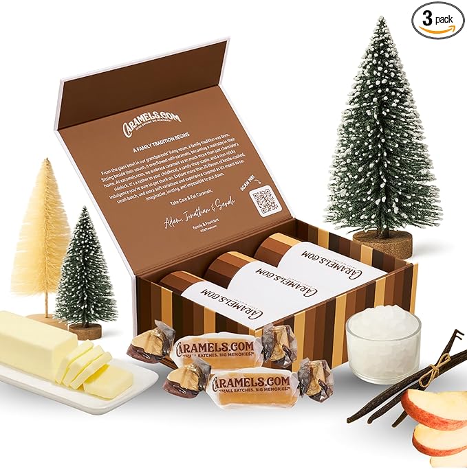 Caramels.com | Candy Gift Box | Individually Wrapped Sea Salt Caramel Vanilla, Classic Butter and Harvest Apple Candies | Great Gift Idea for Holidays and Birthdays | Pack of 3