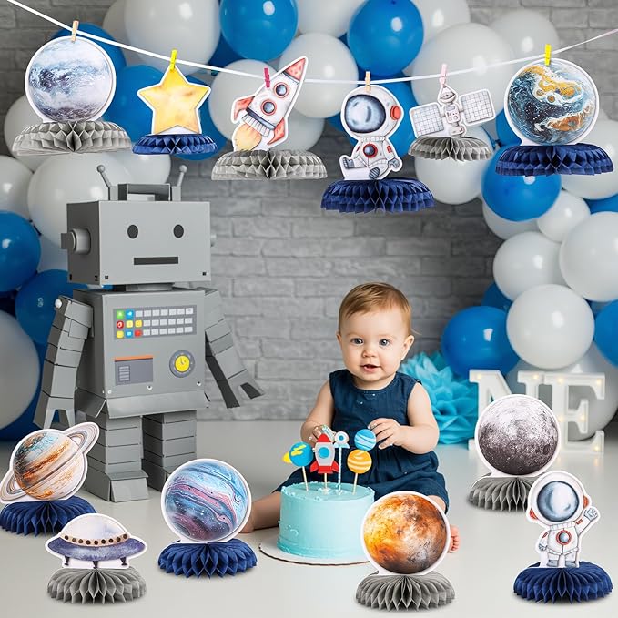 12 PCS Space Theme Party Decorations Outer Space Honeycomb Centerpieces Astronaut Birthday Party Decorations Table Centerpieces for Boys Kids Space Solar System Planets Baby Shower Party Supplies