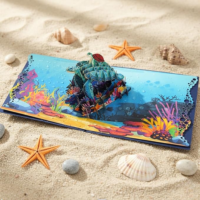 CUTE POPUP 3D Blue Daddy and Baby Turtles Pop Up Card - Premium Italy Paper Handmade Greeting Card for Father's Day, Mother's Day, Birthday - Gift for Parents, Animal Lovers - Table Decor (6x6 inches)