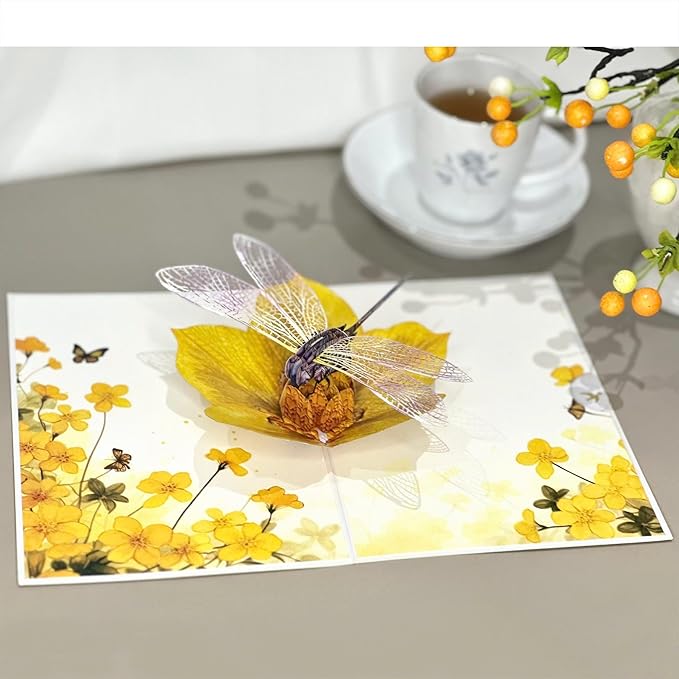 Birthday Card for Mom, 3D Dragonfly Pop-Up Card with Daisies and Butterflies, 3D Birthday Cards for Women, Sympathy and All Occasions, Unique Dragonfly Gift for Mom, Wife, Sister, Grandma, Daughter, Girlfriend, Includes Envelope & Note Tag