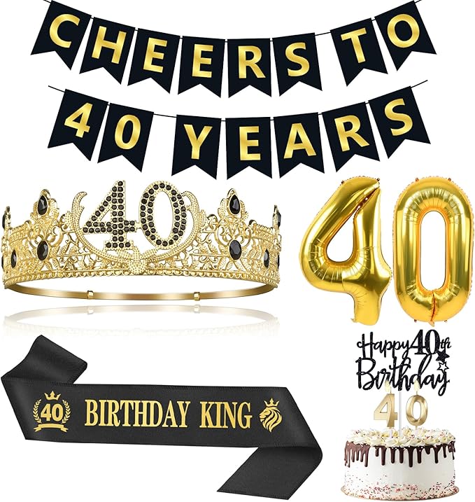 40th Birthday Gifts for Men, 40th Birthday Decorations for Men, Party Decor Supplies including King Crown & Sash & Banner & Balloons & Cake Topper & Candles