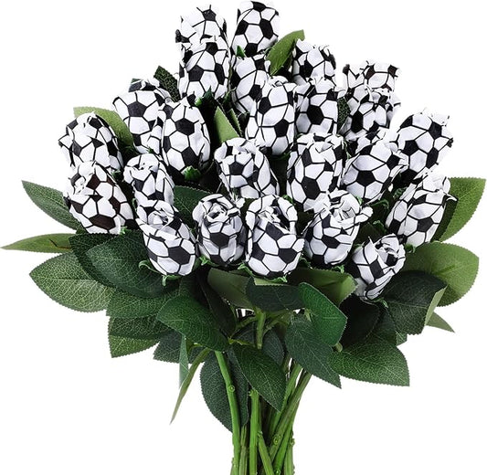 Suhine 24 Pcs Sports Party Favors Cheer Gifts Artificial Football Soccer Basketball Baseball Flowers for Birthday Game Day Tailgate Wedding Party Decorations (Soccer Color,Normal)