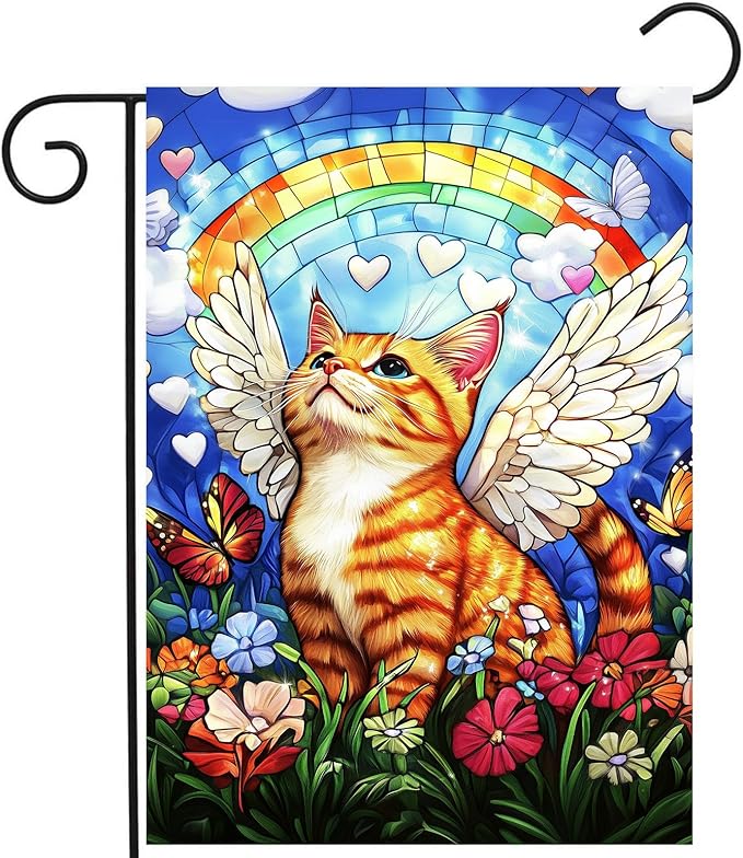Stained Glass Orange Cat Garden Flag 12x18 Double Sided - Rainbow Bridge Memorial Gift for Loss of Pet - Bereavement Sympathy for Cat Lovers - Seasonal Small Outdoor Flag